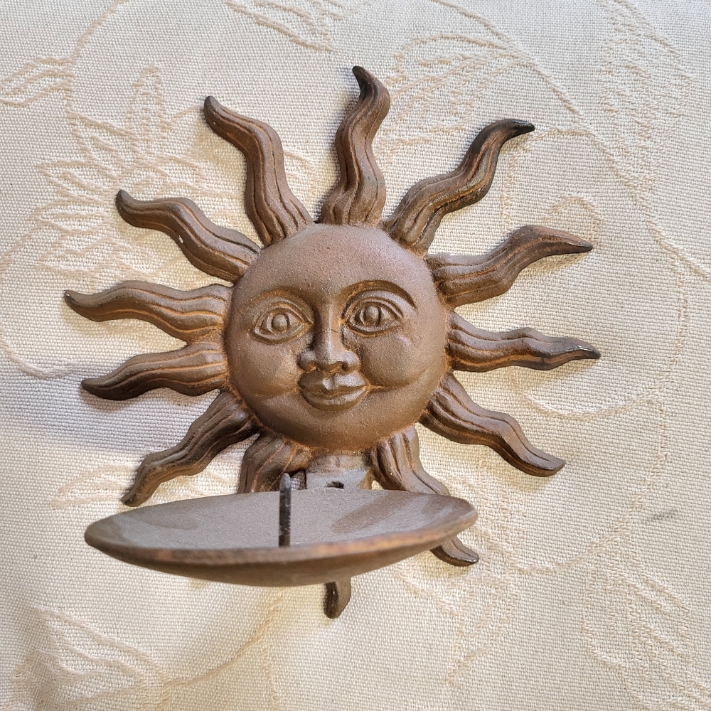 Vintage 90s sun  celestial boho wrought iron candle holder Wall sconce
